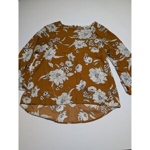 Crescent Mustard Yellow Floral Long Sleeve High Low Blouse Small